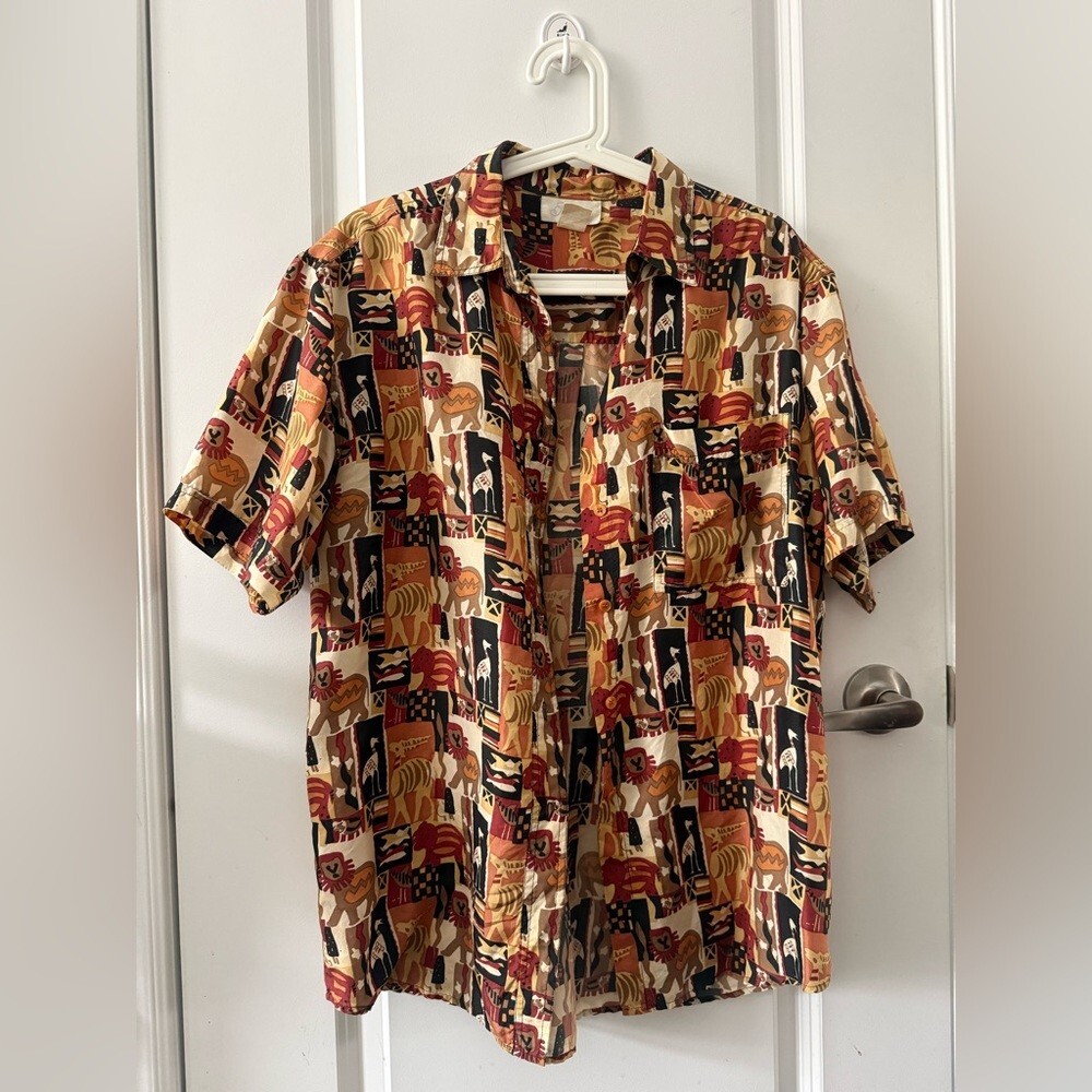 Vintage 100% Silk Animal Safar Illustration Multi-Pattern Men’s Shirt